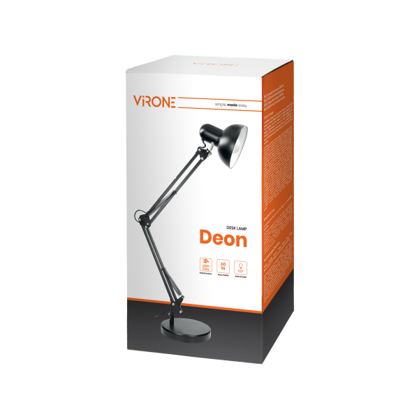DEON desk lamp, 10W, E27, high, steel, black DEON desk lamp, 10W, E27, high, steel, black